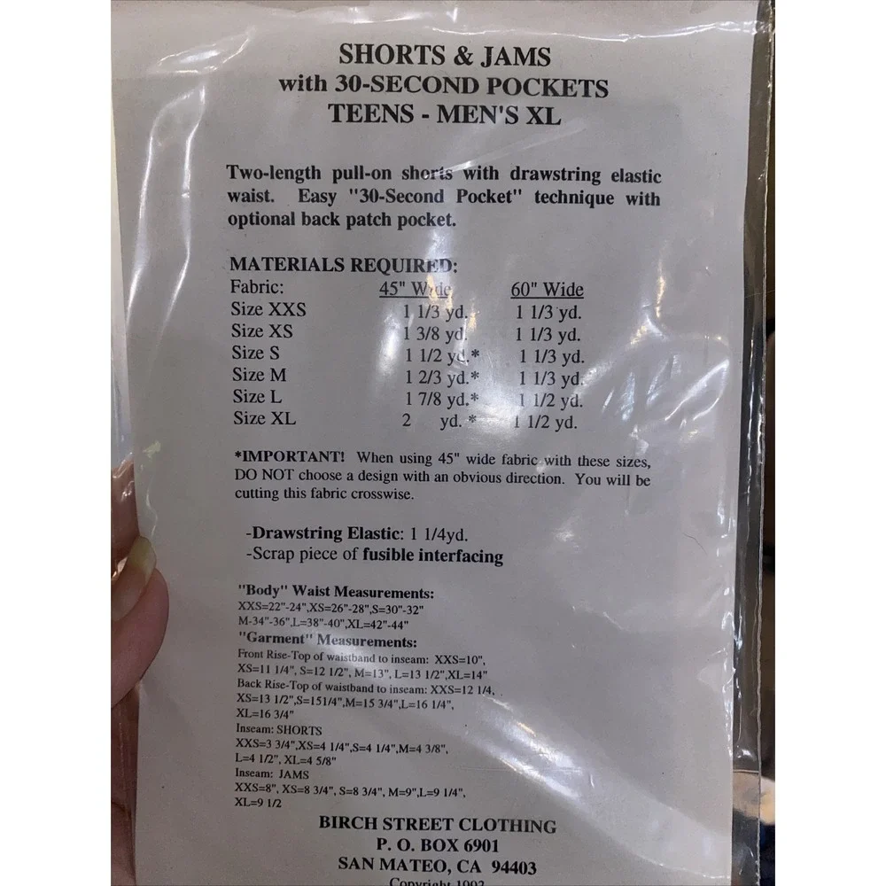 Birch Street Clothing Men’s & Teens XL Shorts Jams Sewing Pattern Uncut